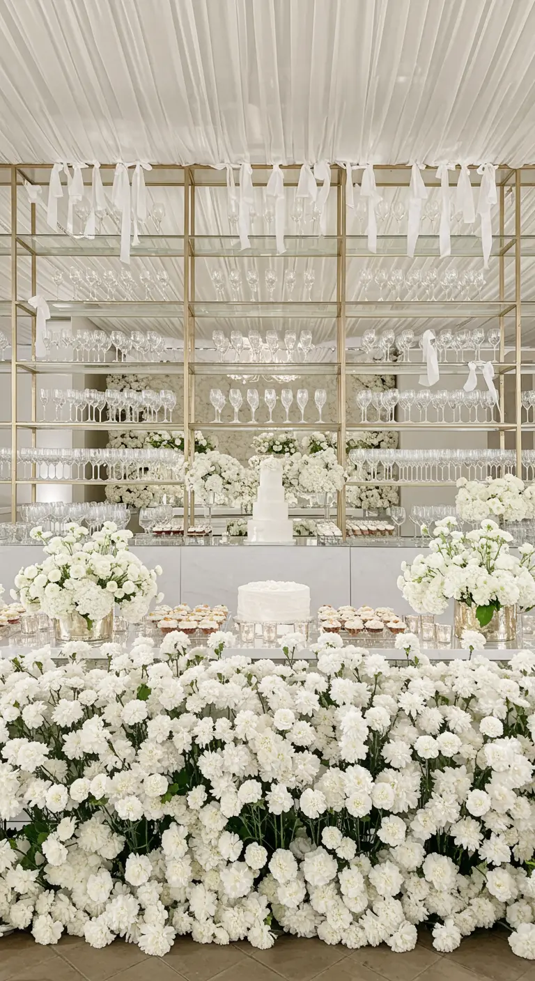 A modern wedding bar backed by a massive wall of white carnations and gold shelving.