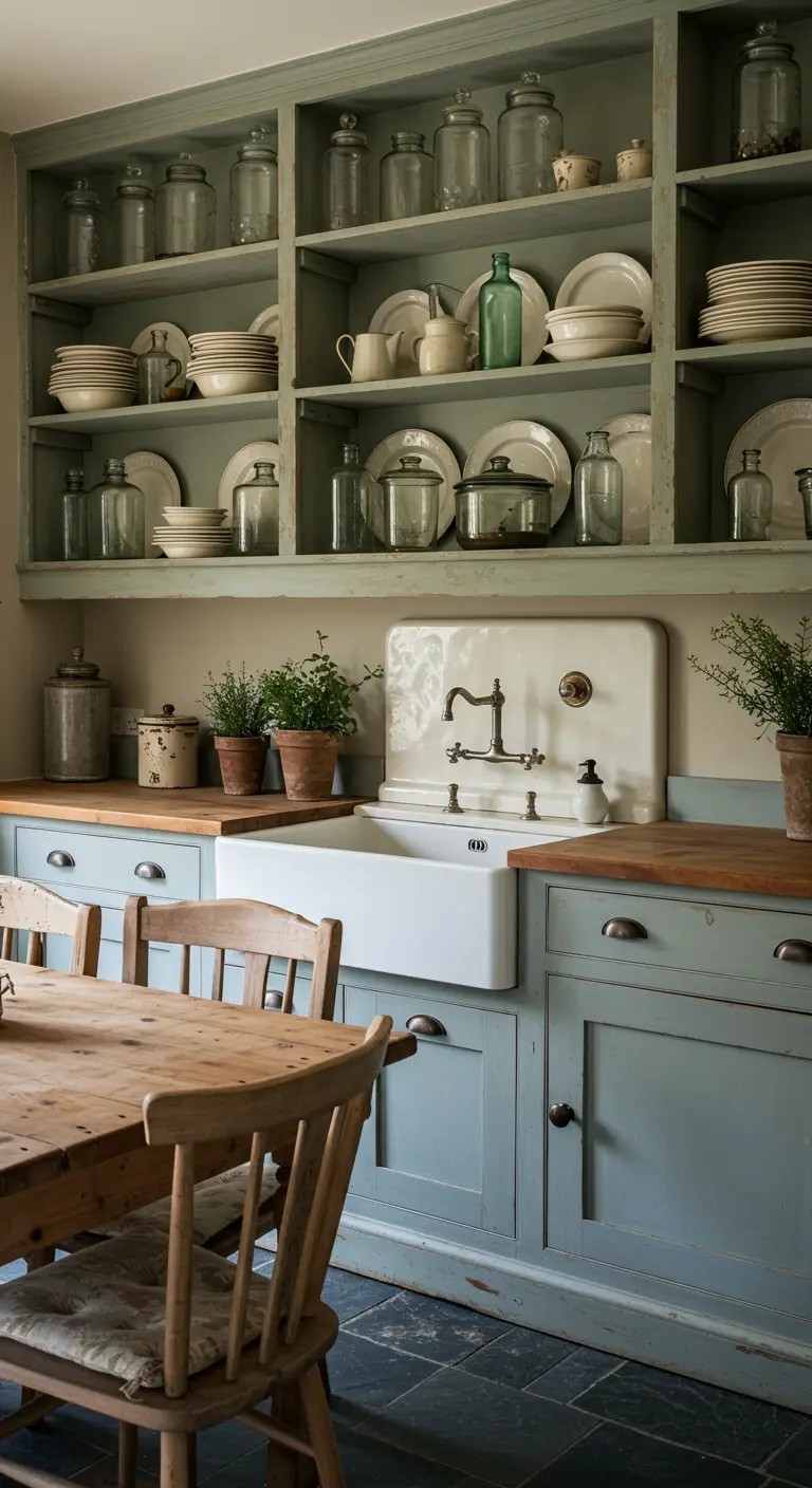 A Country French kitchen with blue-green cabinets, wall-to-wall open shelving, and a large farmhouse sink.