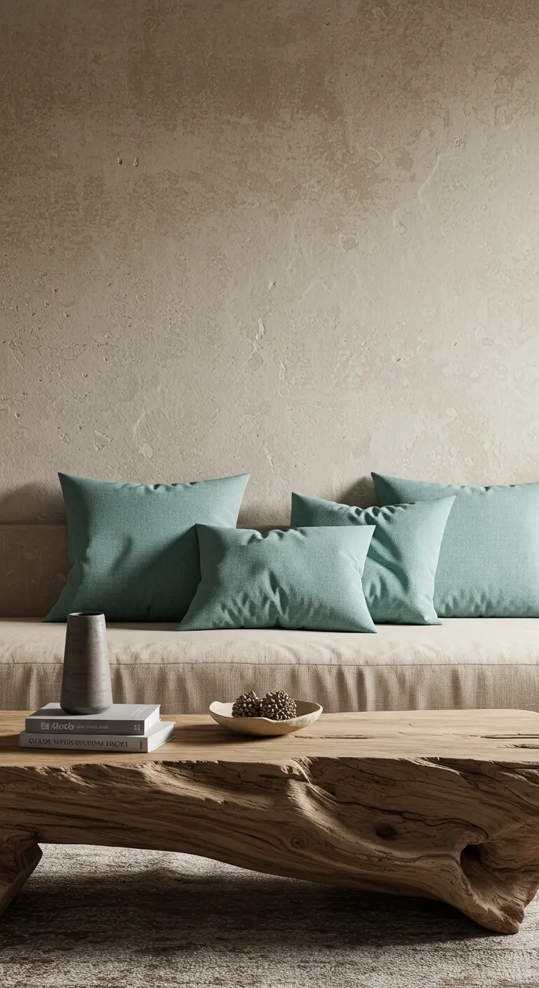 Close-up of aqua pillows on a beige sofa, set against a textured plaster wall.