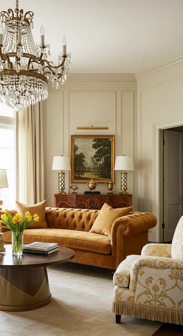 A tufted ochre velvet sofa in a cream-colored living room with a large chandelier.