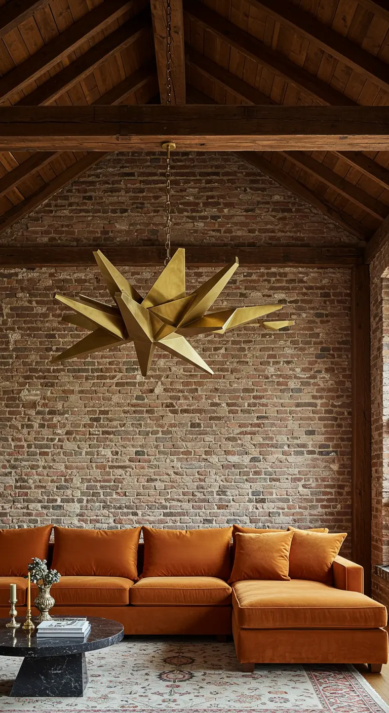 A loft space with exposed brick and wood beams, featuring a burnt orange velvet sectional and a geometric brass chandelier.