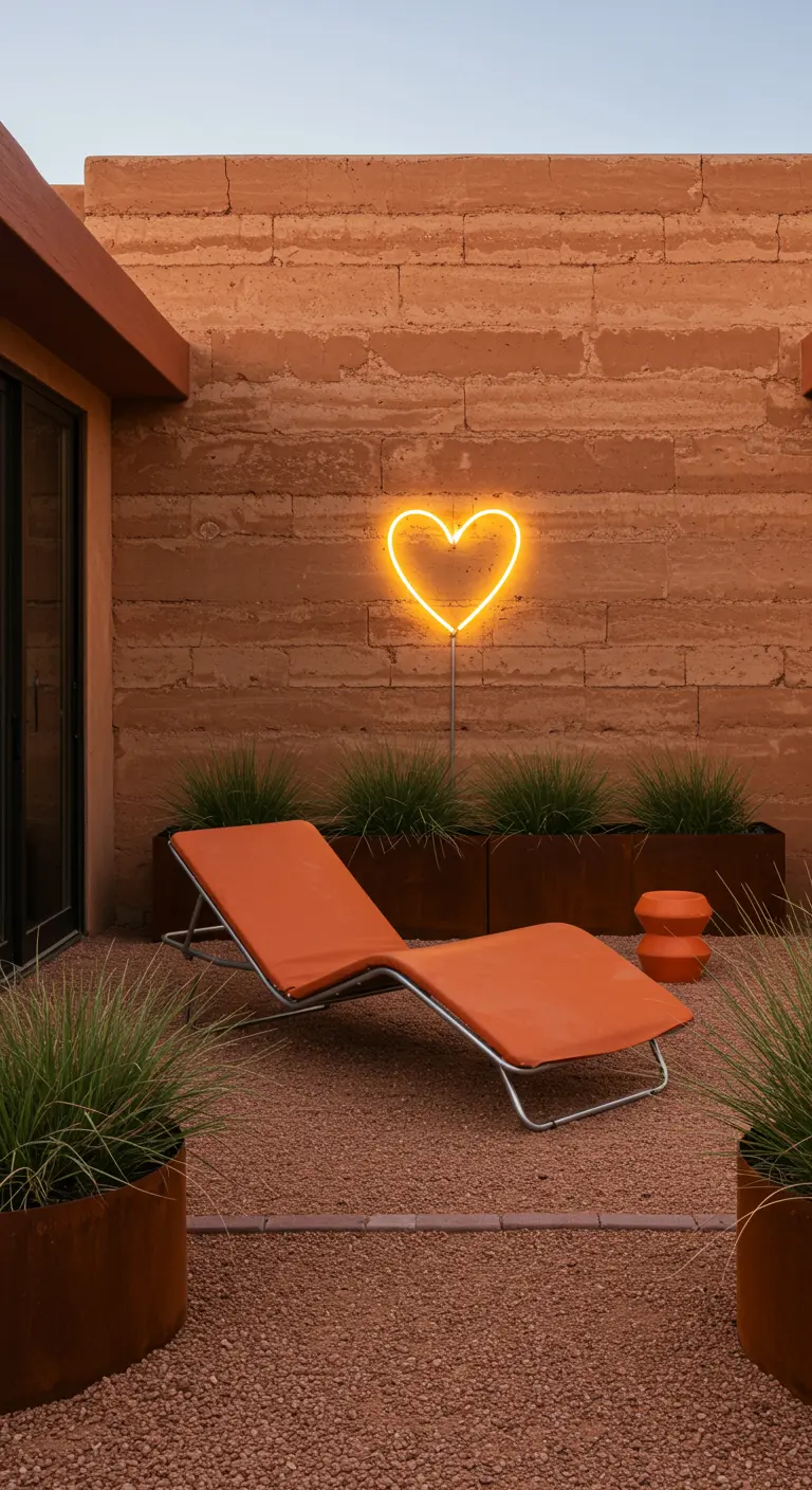 An orange lounger in a desert-style courtyard with a yellow neon heart and earthy textures.