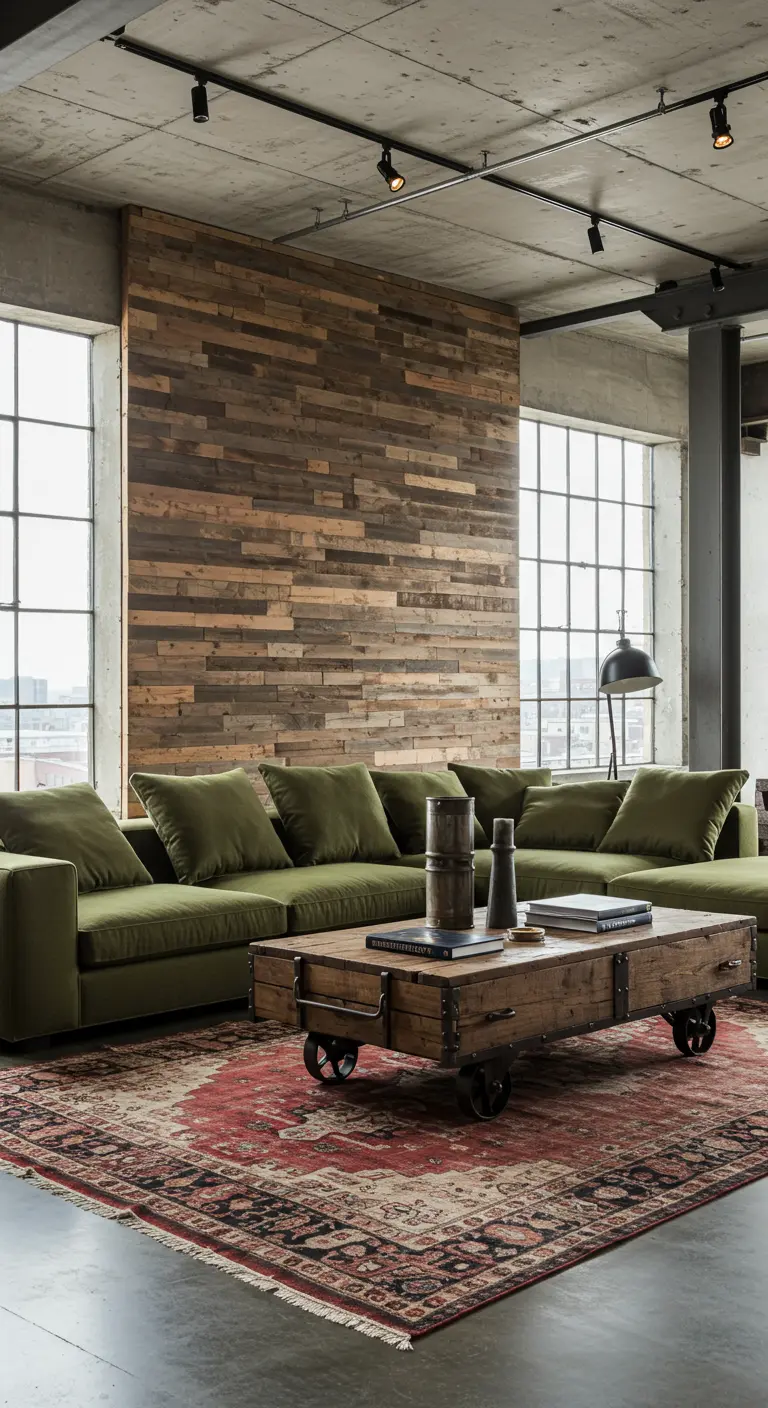 Industrial loft living room with a reclaimed wood wall, olive green sofa, and concrete floors.