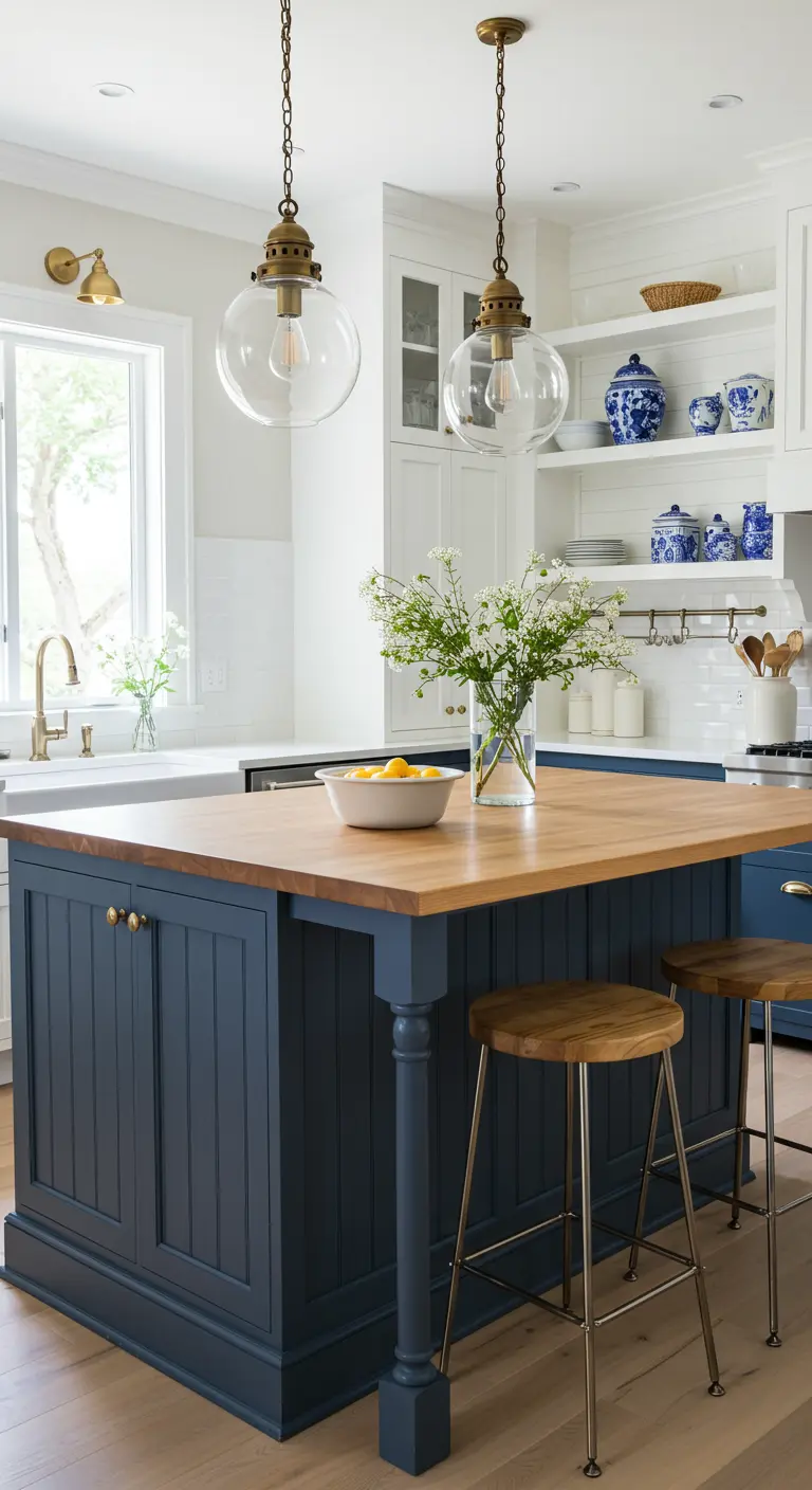 Navy kitchen island with a warm wood butcher block top and classic globe pendants.