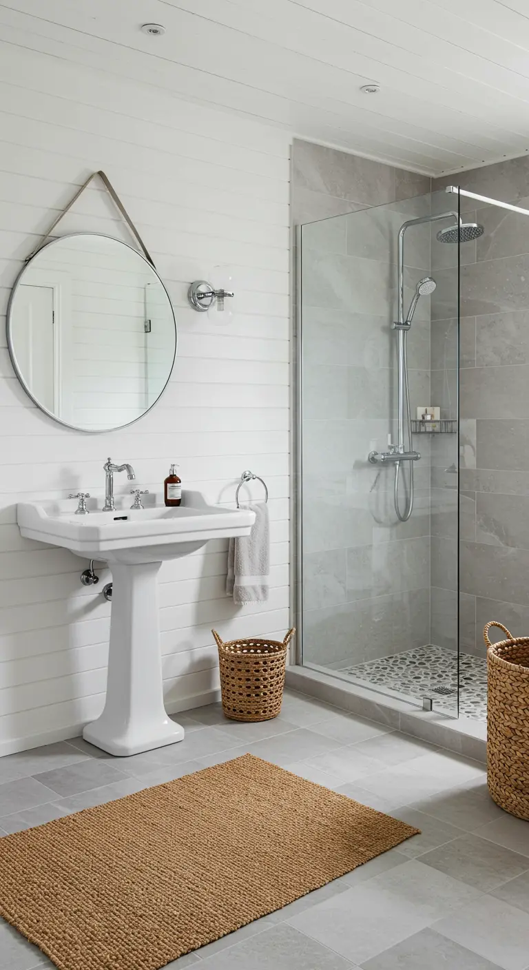 Bathroom with white shiplap walls, a round mirror, and woven baskets.