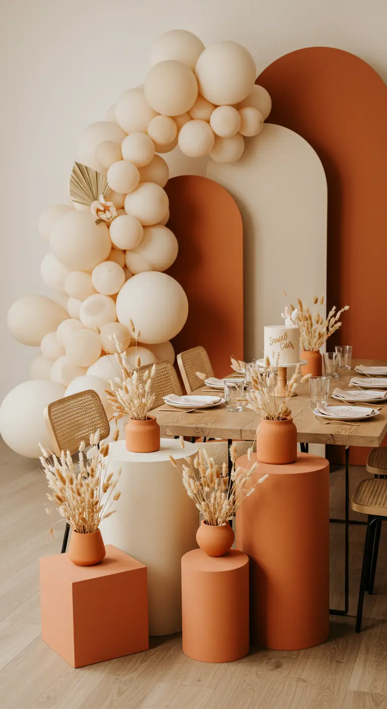An earth-toned party setup with ivory balloons, terracotta pedestals, and dried grasses.