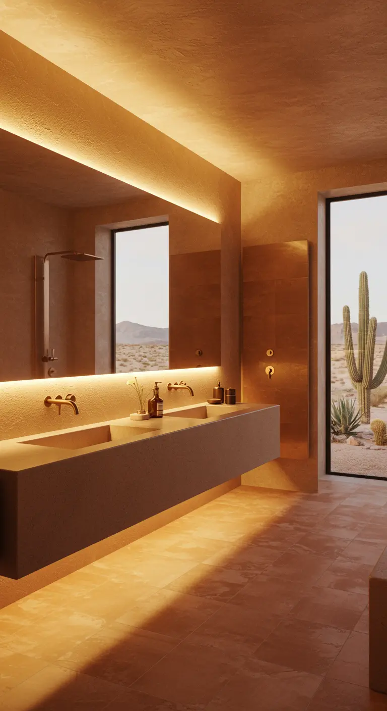 A desert-modern bathroom with warm LED lighting highlighting textured plaster walls.