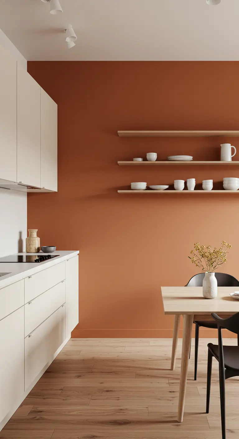 Minimalist kitchen with white cabinets and a warm terracotta-colored accent wall.