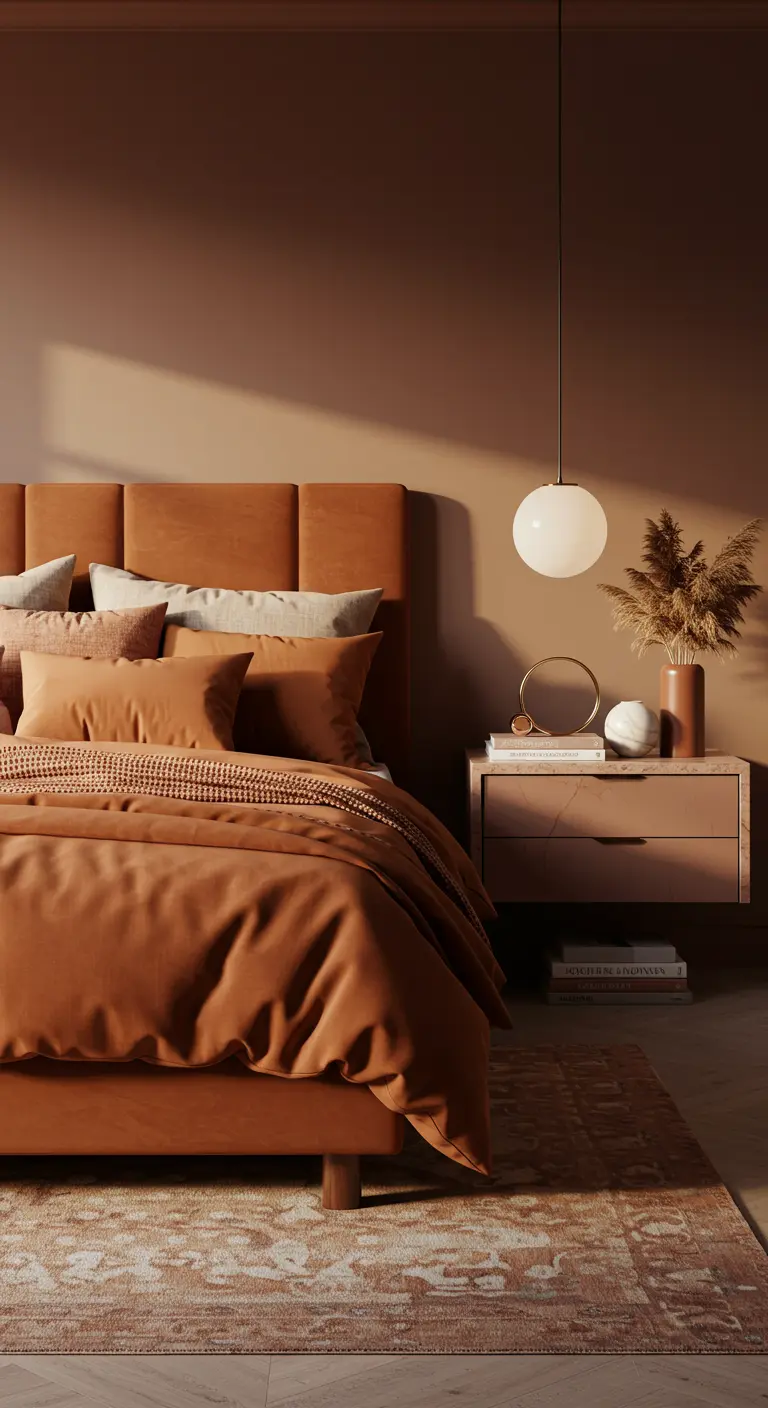 A monochromatic terracotta bedroom with a single globe pendant light.
