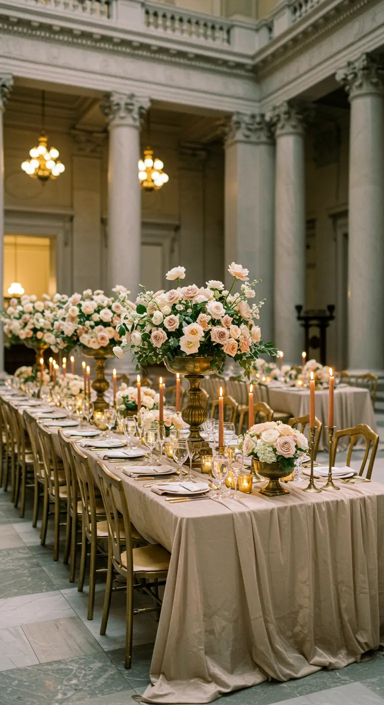 Long wedding table with a taupe velvet cloth, gold chairs, and centerpieces of peach roses.
