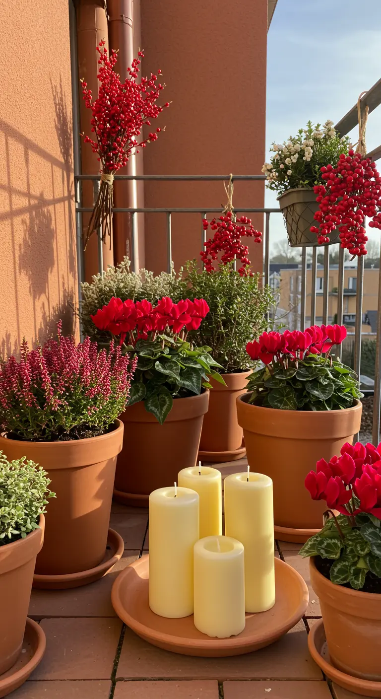 Balcony with red cyclamen and heather in terracotta pots against a terracotta wall.
