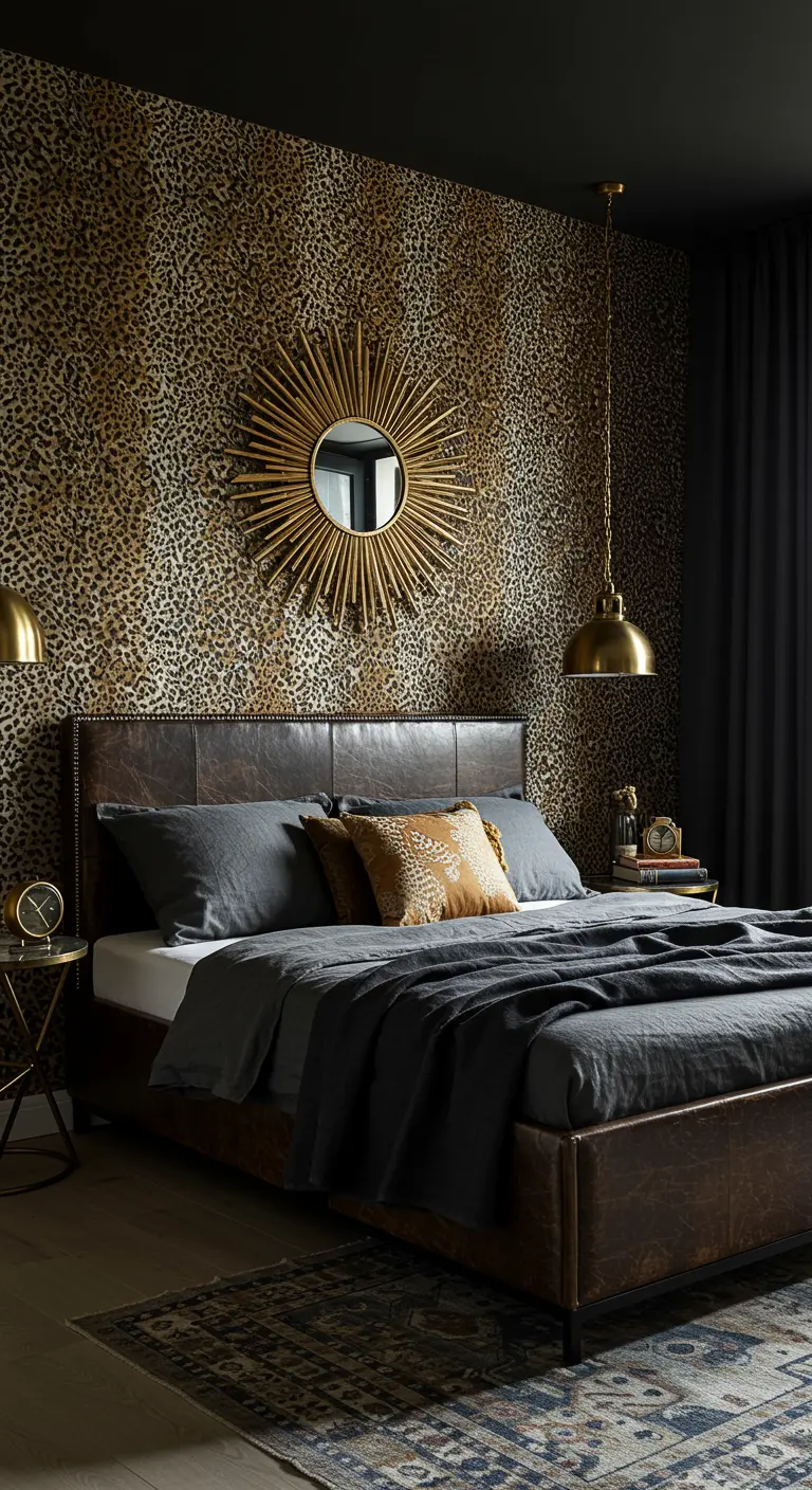 Bedroom with leopard print wallpaper, a brown leather bed, and a sunburst mirror.