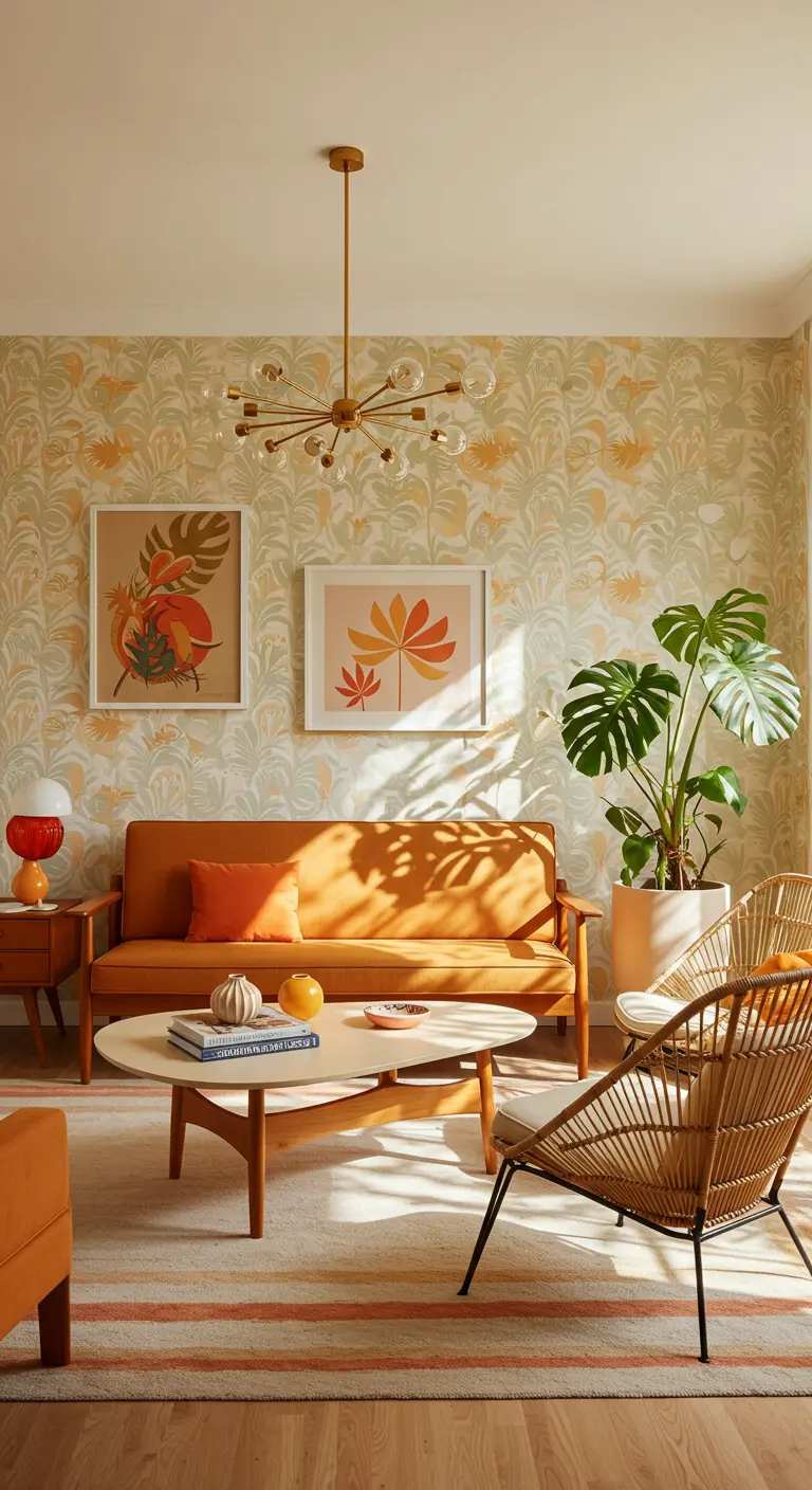 Living room with orange sofa, botanical wallpaper, and a sputnik chandelier.