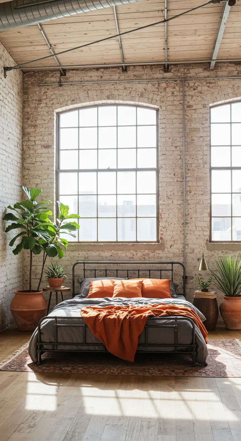 Industrial loft bedroom with exposed brick walls and large windows.