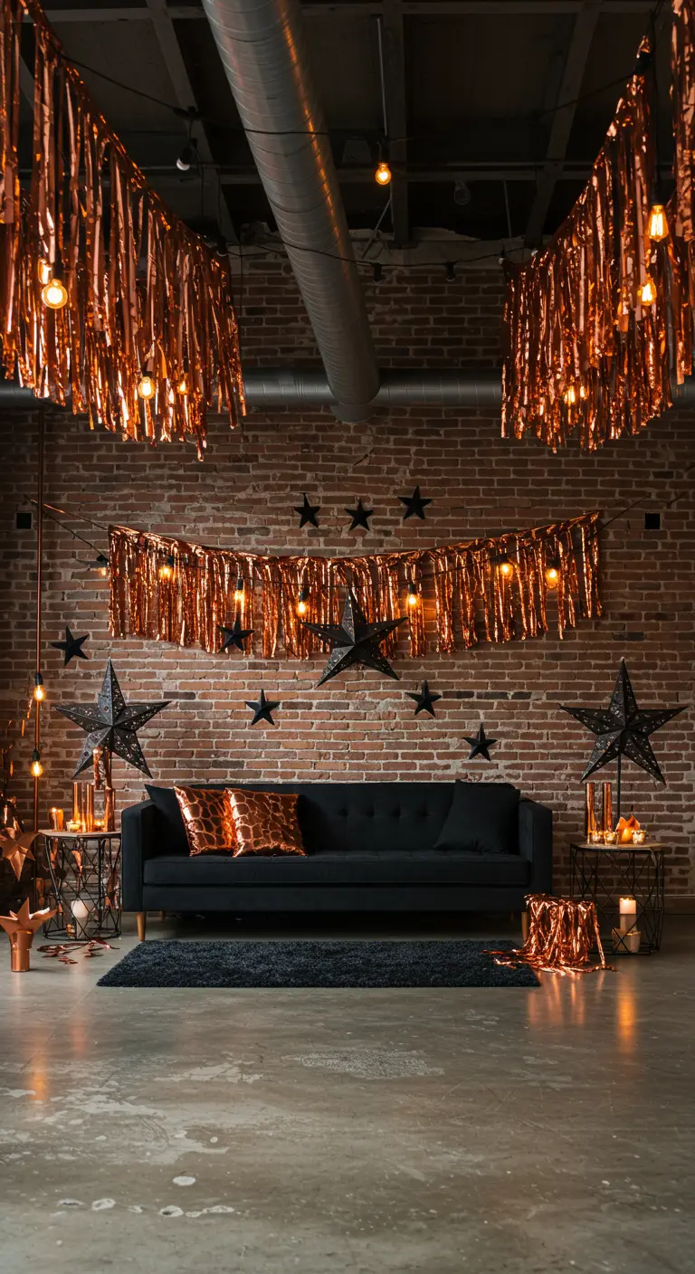 An industrial-style room with brick walls decorated with copper fringe garlands.