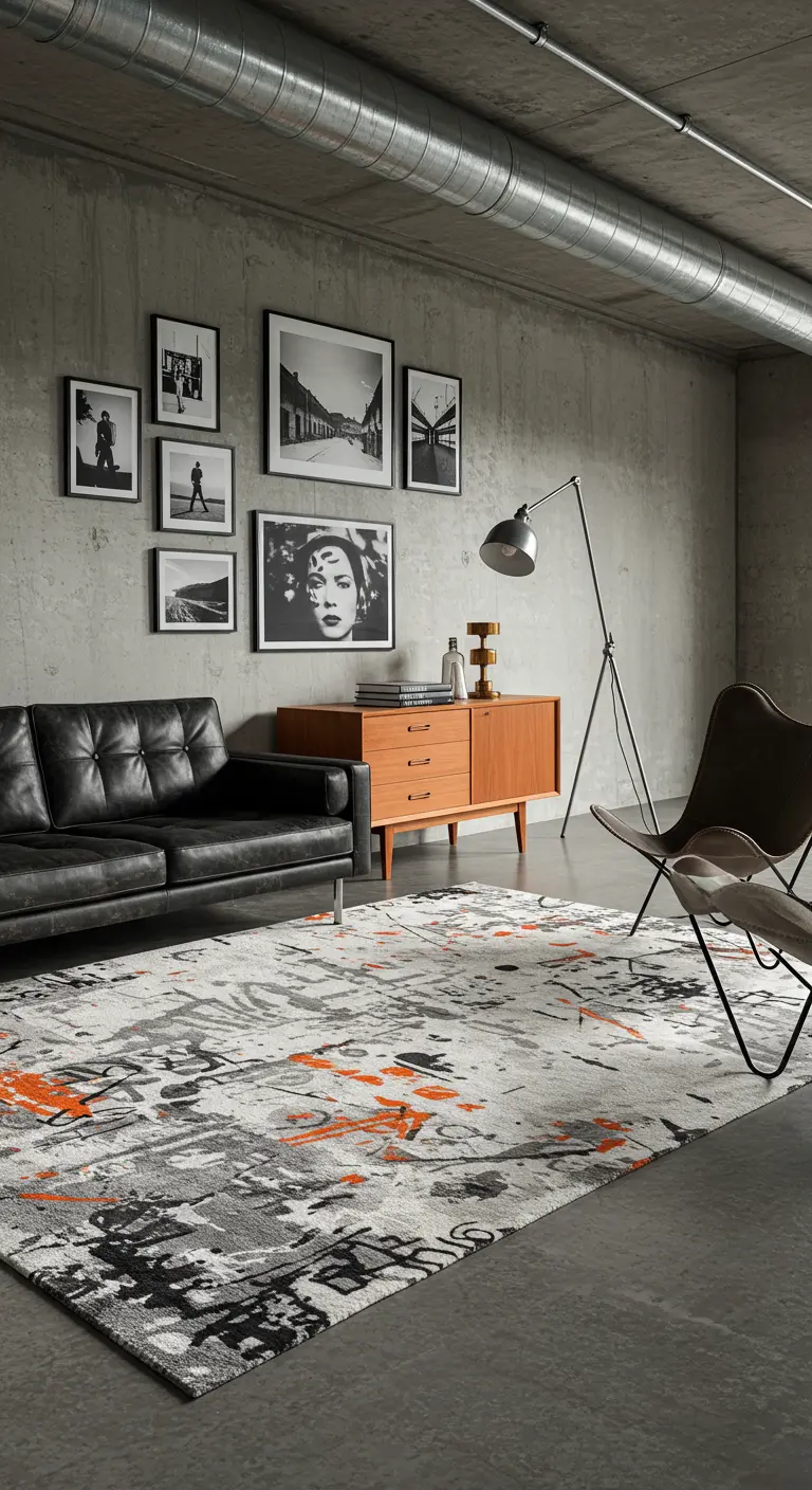 An industrial space with concrete walls, a teak credenza, and an orange and black rug.
