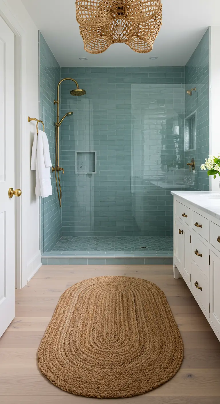 Aqua tiled shower with brass hardware and an oval jute rug.