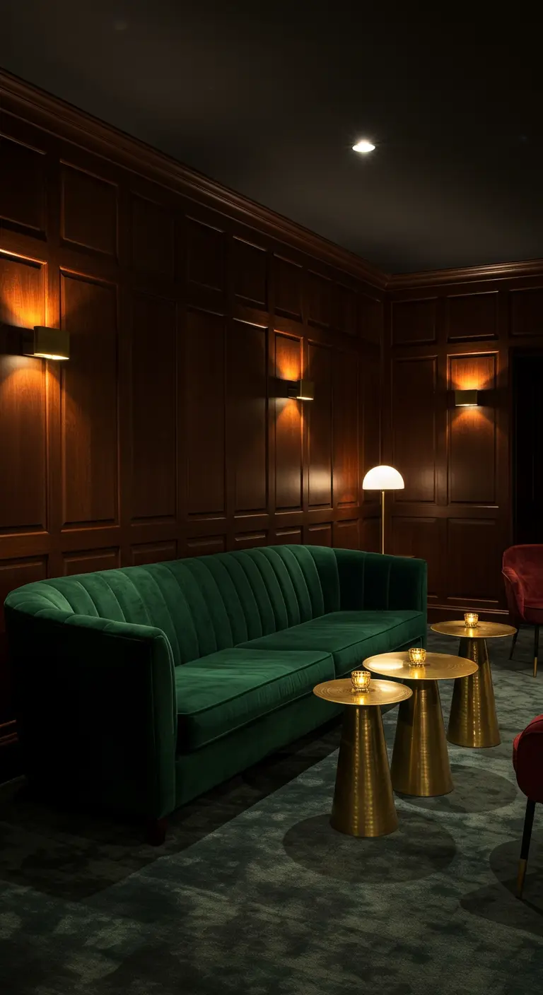 A channel-tufted emerald green sofa set against dark wood-paneled walls in a moody lounge.