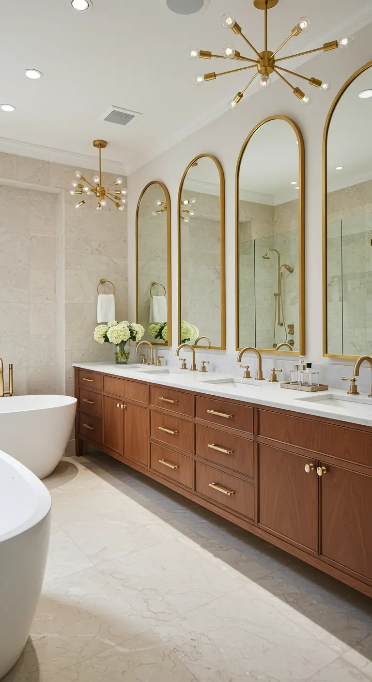 Bathroom with a long wood vanity, three arched gold mirrors, and Sputnik chandeliers.