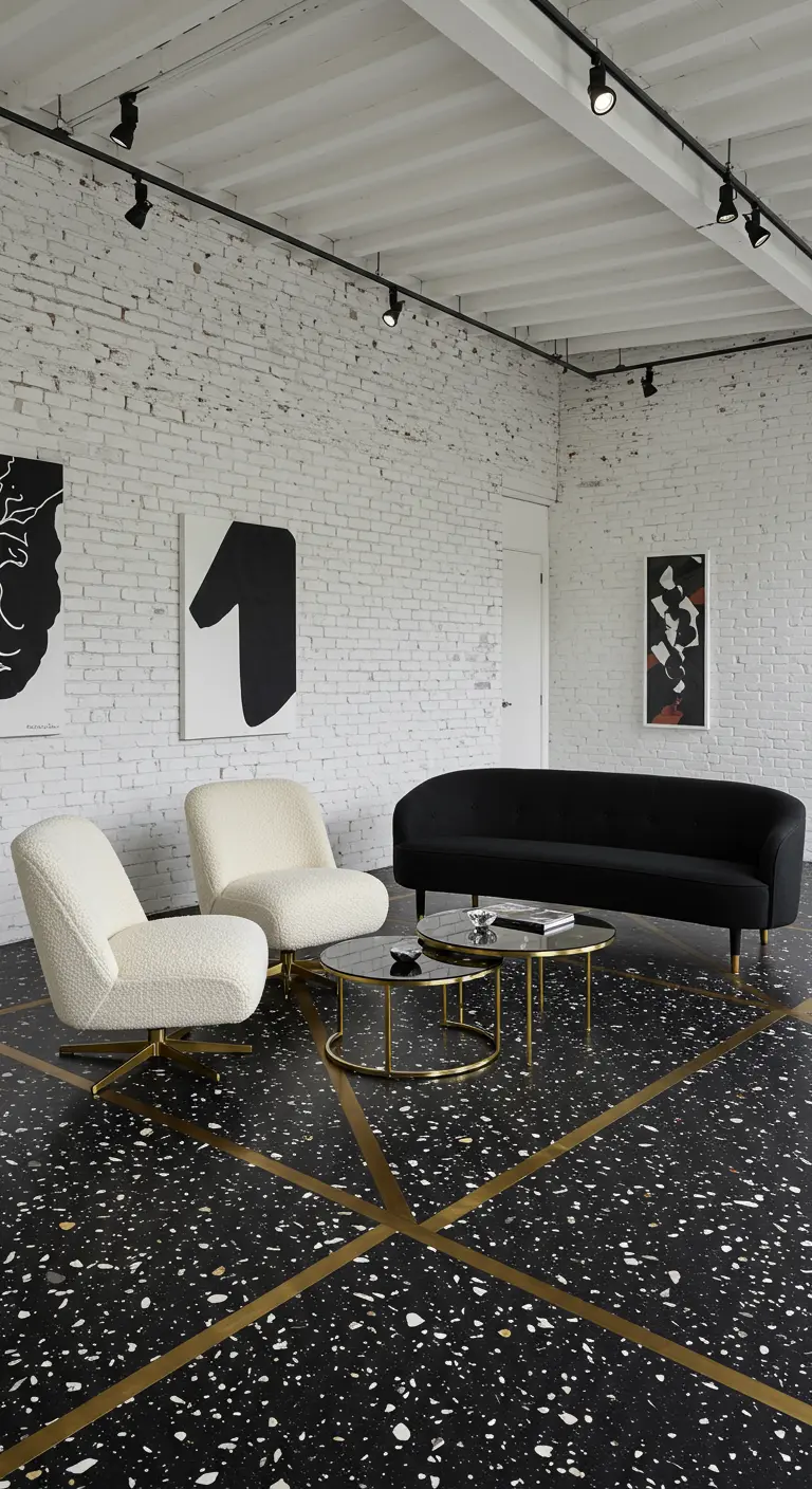 A black and white industrial loft with a terrazzo floor featuring geometric brass inlays.