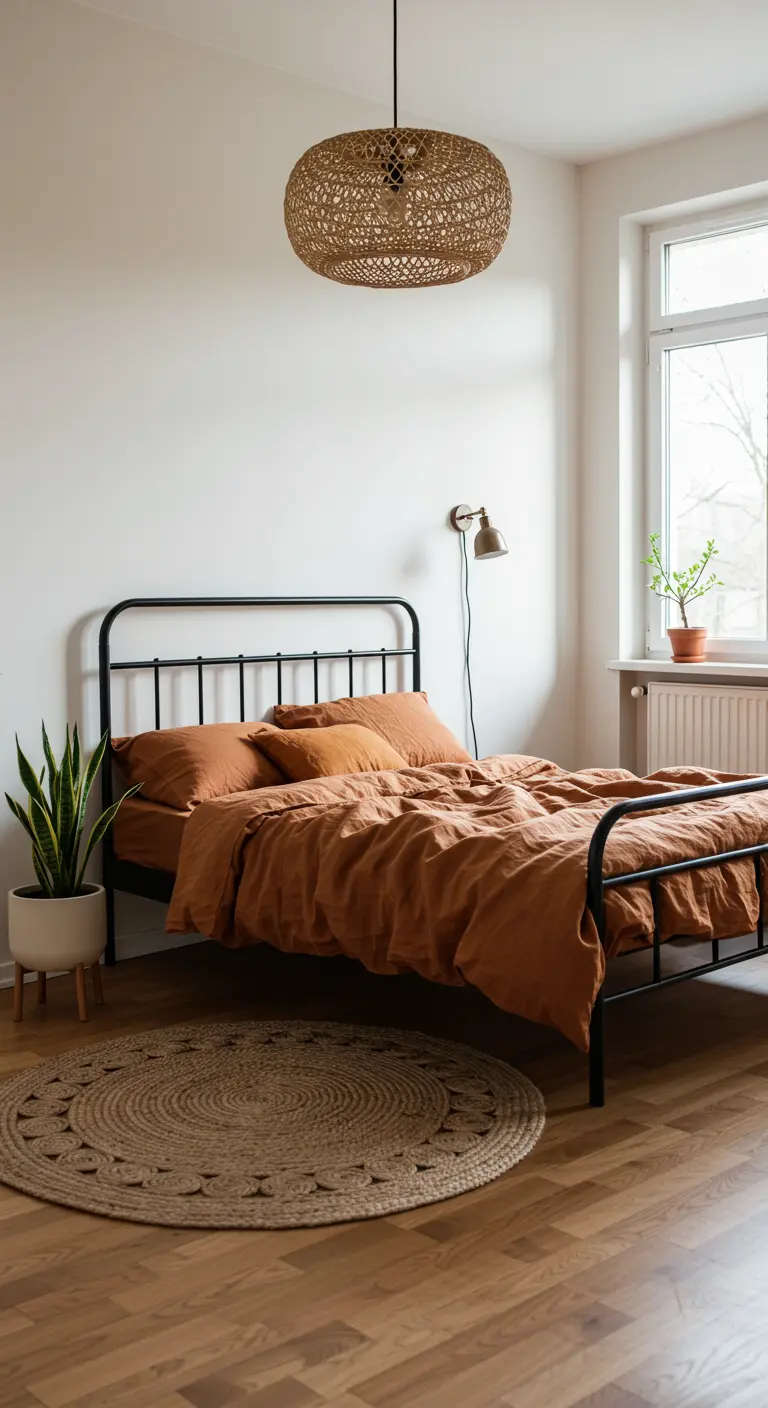 Minimalist bedroom with a black metal bed, terracotta linen, a jute rug, and a woven pendant.