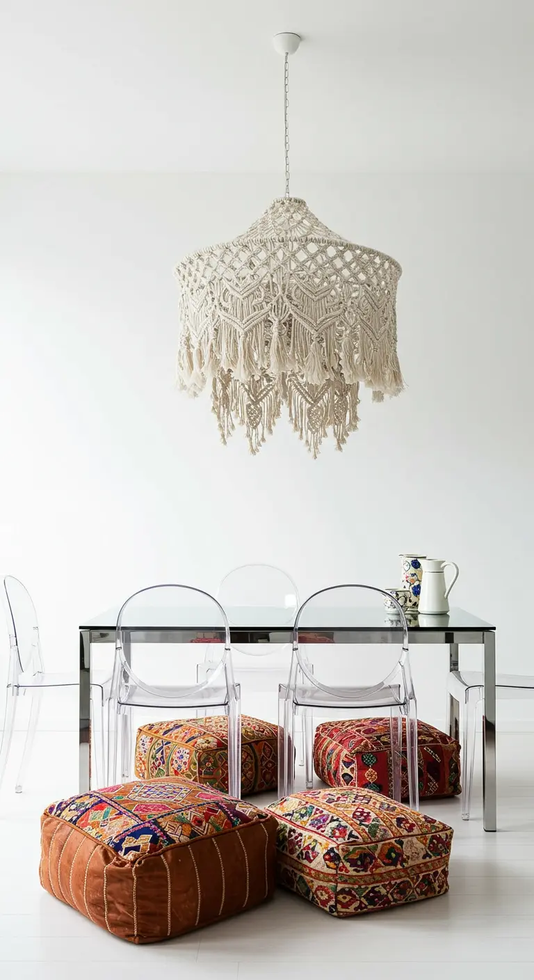 Minimalist dining area with a glass table, lucite chairs, and colorful patchwork poufs.
