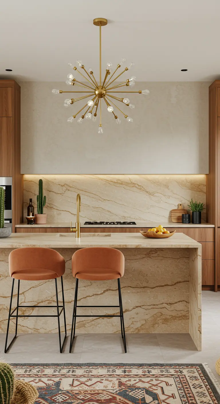 A minimalist kitchen with natural wood cabinets, a beige marble island, and terracotta velvet stools.