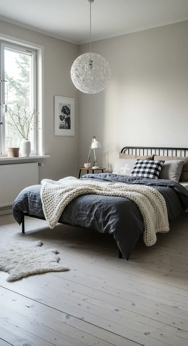 Scandinavian bedroom with a chunky white knit throw on a charcoal linen duvet.