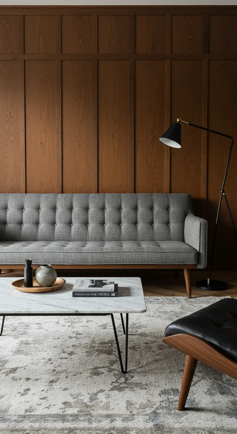 Mid-century living room with a wood-paneled wall, gray tufted sofa, and marble coffee table.