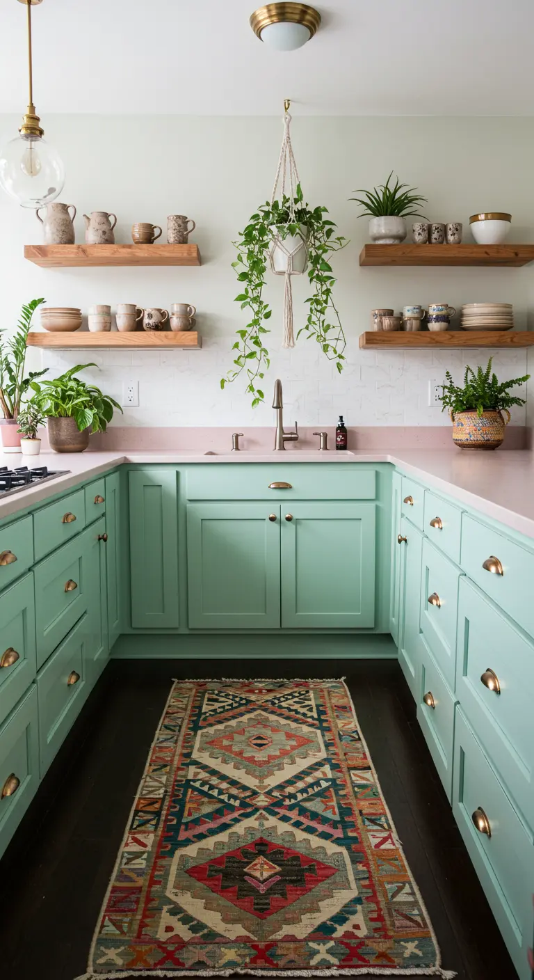 Mint and pink kitchen with a colorful kilim runner, open wood shelves, and lots of plants.