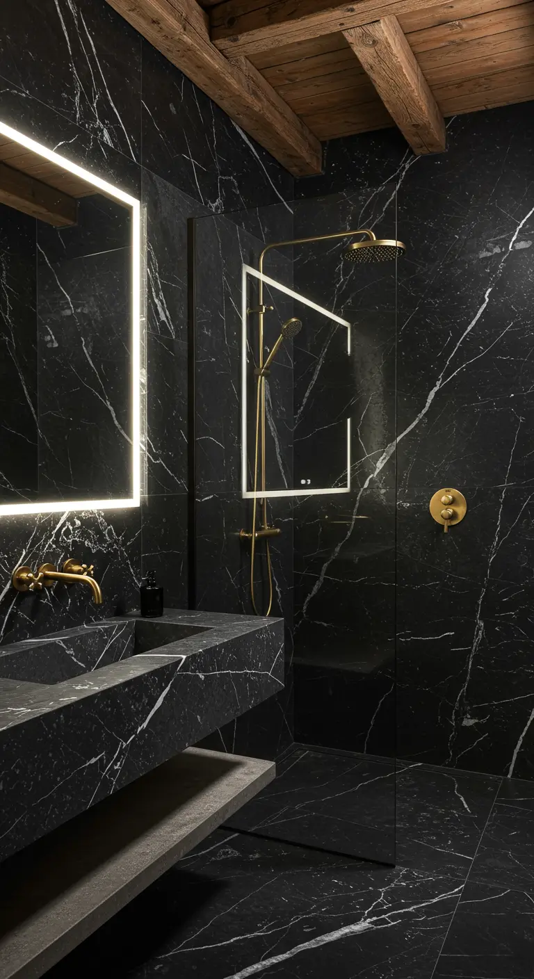 Black marble bathroom with exposed rustic wood ceiling beams and gold fixtures.