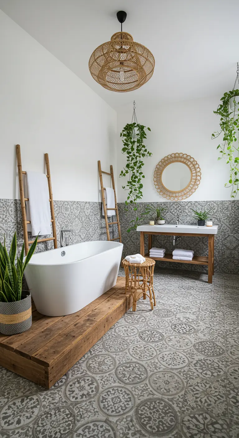 Boho bathroom with a freestanding tub on a wood platform and patterned floor tiles.