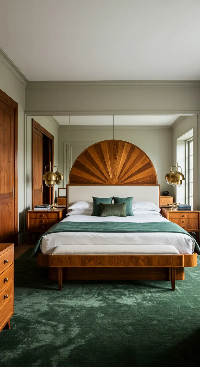 Art Deco bedroom with a wooden sunburst headboard, wood nightstands, and a green carpet.
