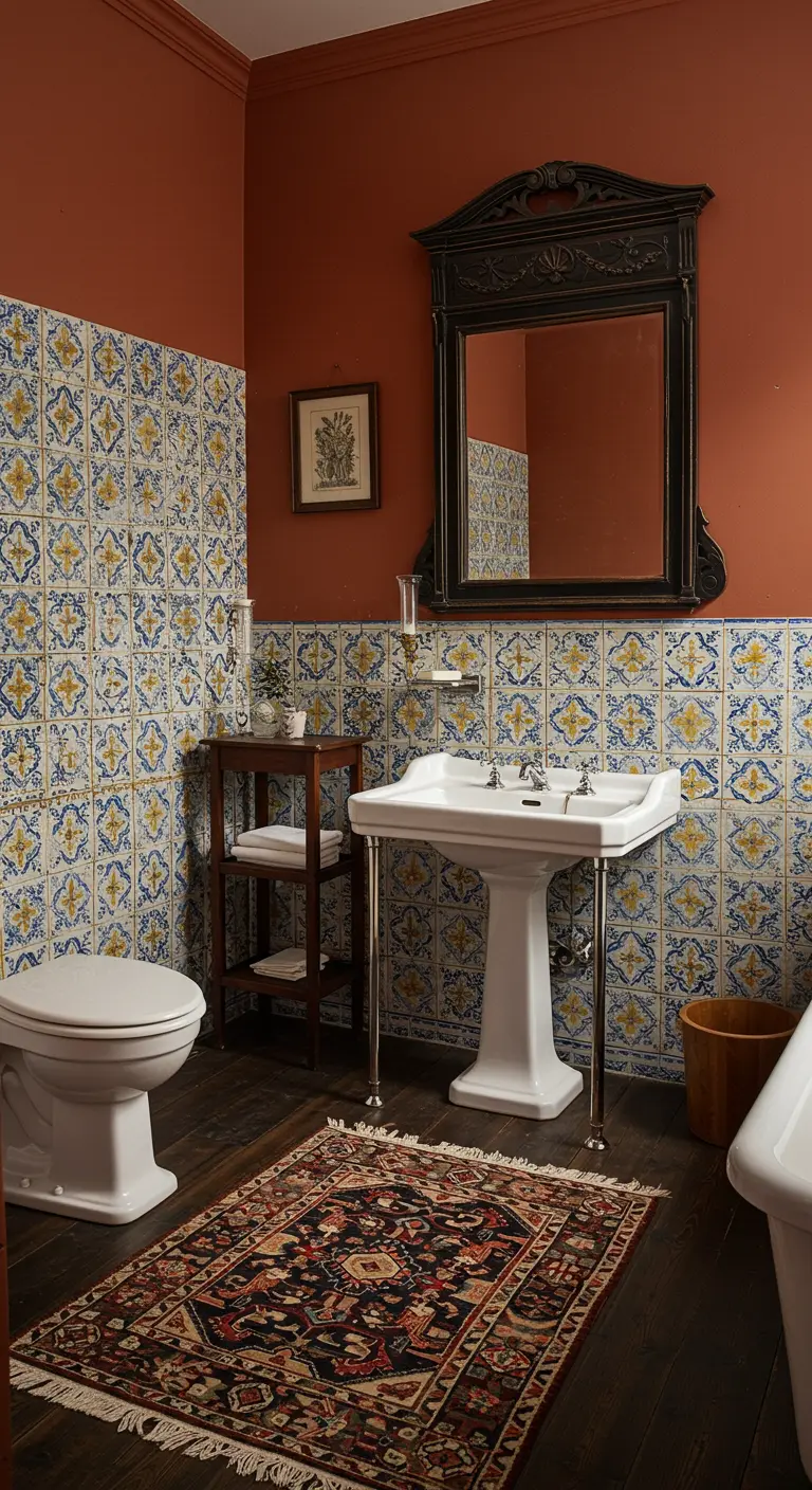Bathroom with terracotta walls, blue and yellow tiles, and a Persian rug.