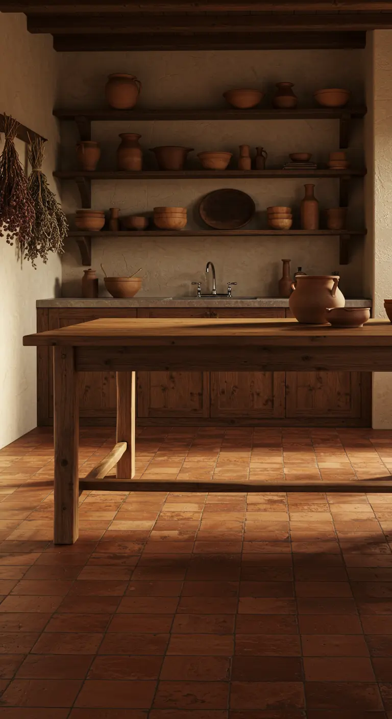 A rustic kitchen with wood cabinets, open shelves with pottery, and a warm terracotta tile floor.