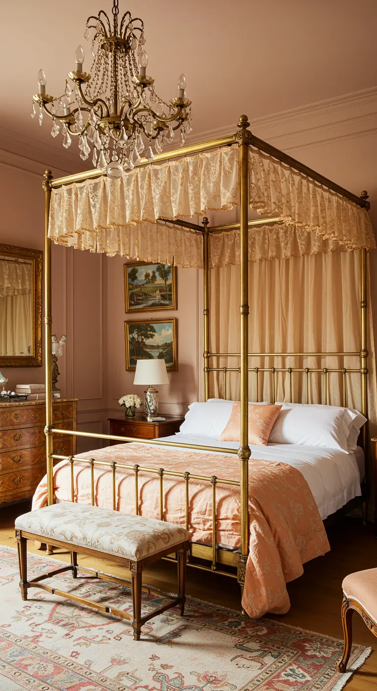 Vintage-style bedroom with a brass canopy bed, lace valance, and peach linens.