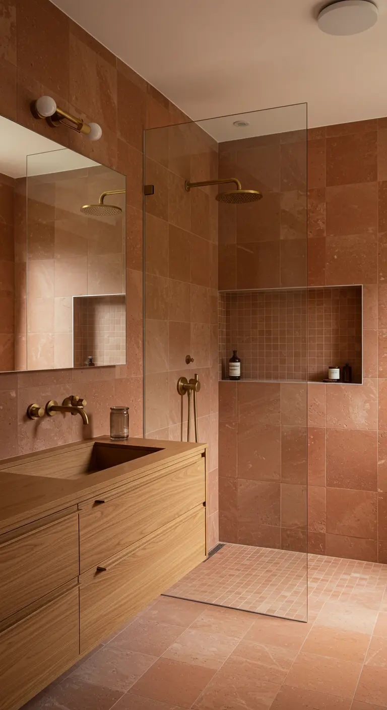 Bathroom with terracotta-colored tiles, brass fixtures, and a light oak vanity.