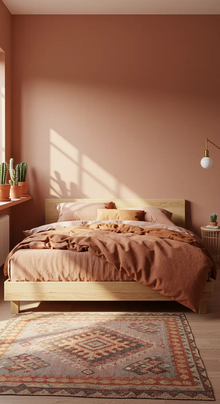 Bedroom with terracotta-colored walls, a light wood bed, and a colorful rug.
