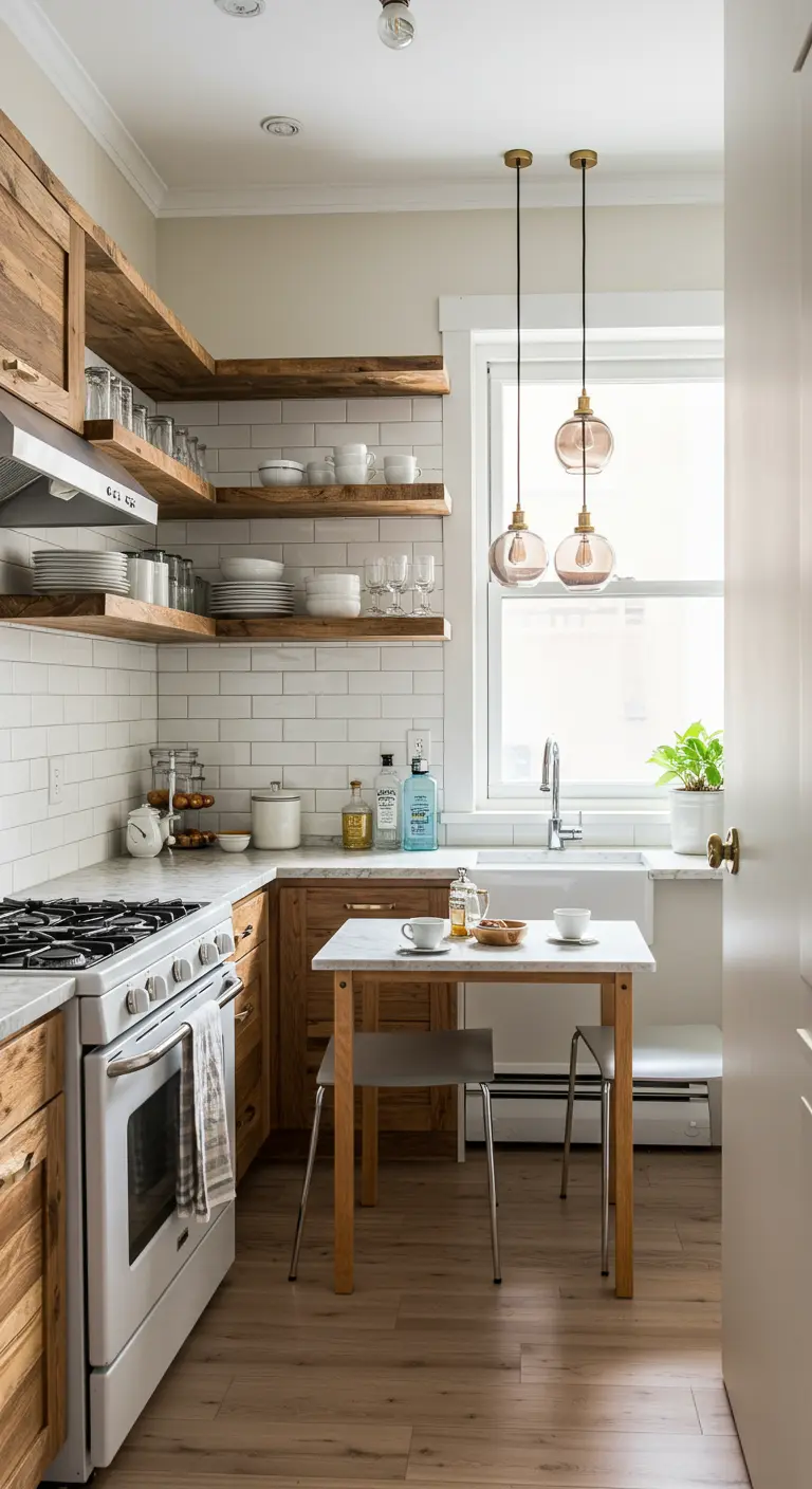 Small kitchen with rustic wood open shelves, white subway tile, and a small dining table for two.
