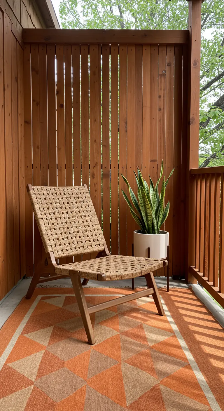 A modern wood slat privacy screen on a balcony with a woven chair.