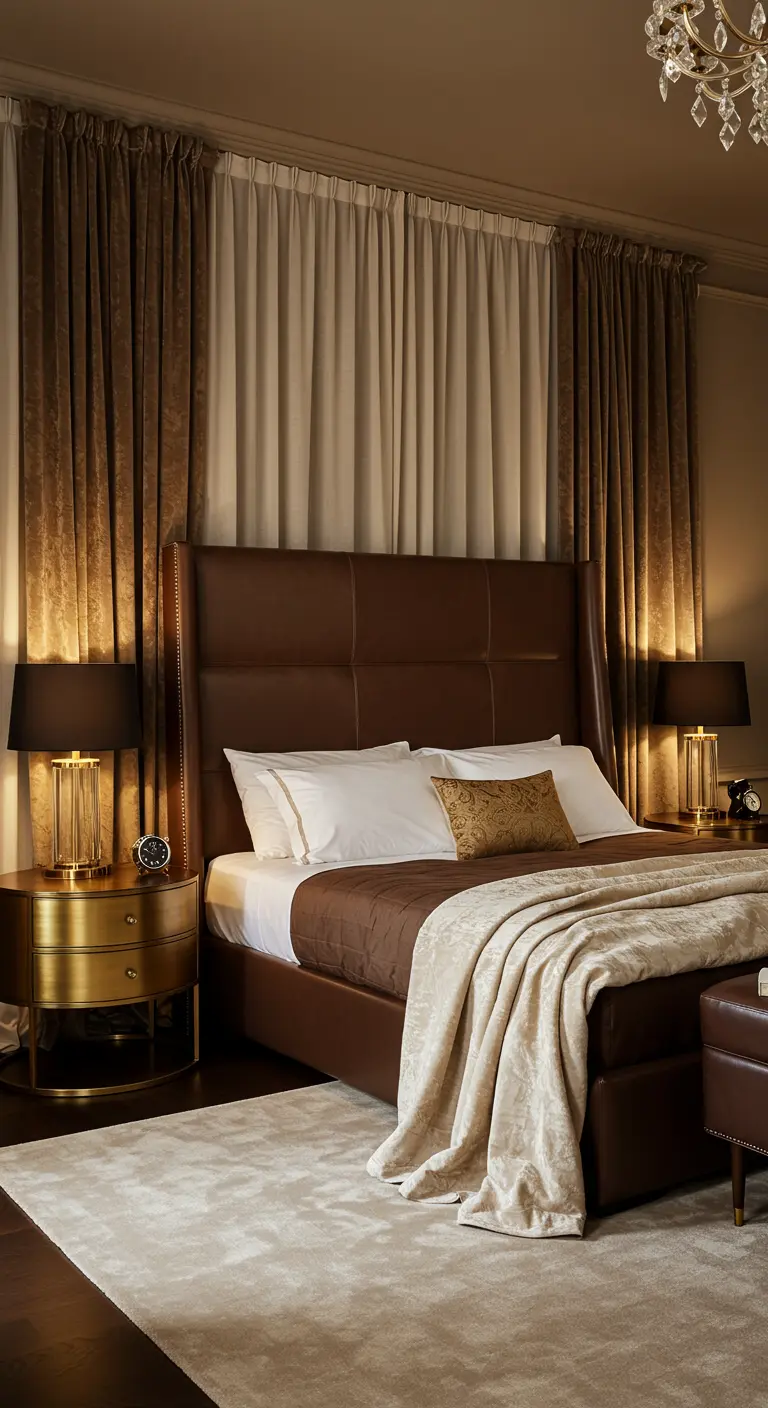 Bedroom with a tall brown leather headboard and matching gold-based lamps.