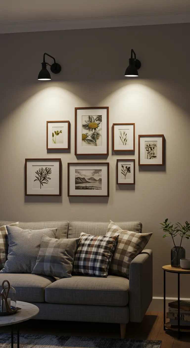 A gallery wall of botanical prints is illuminated from above by two black, adjustable wall sconces.