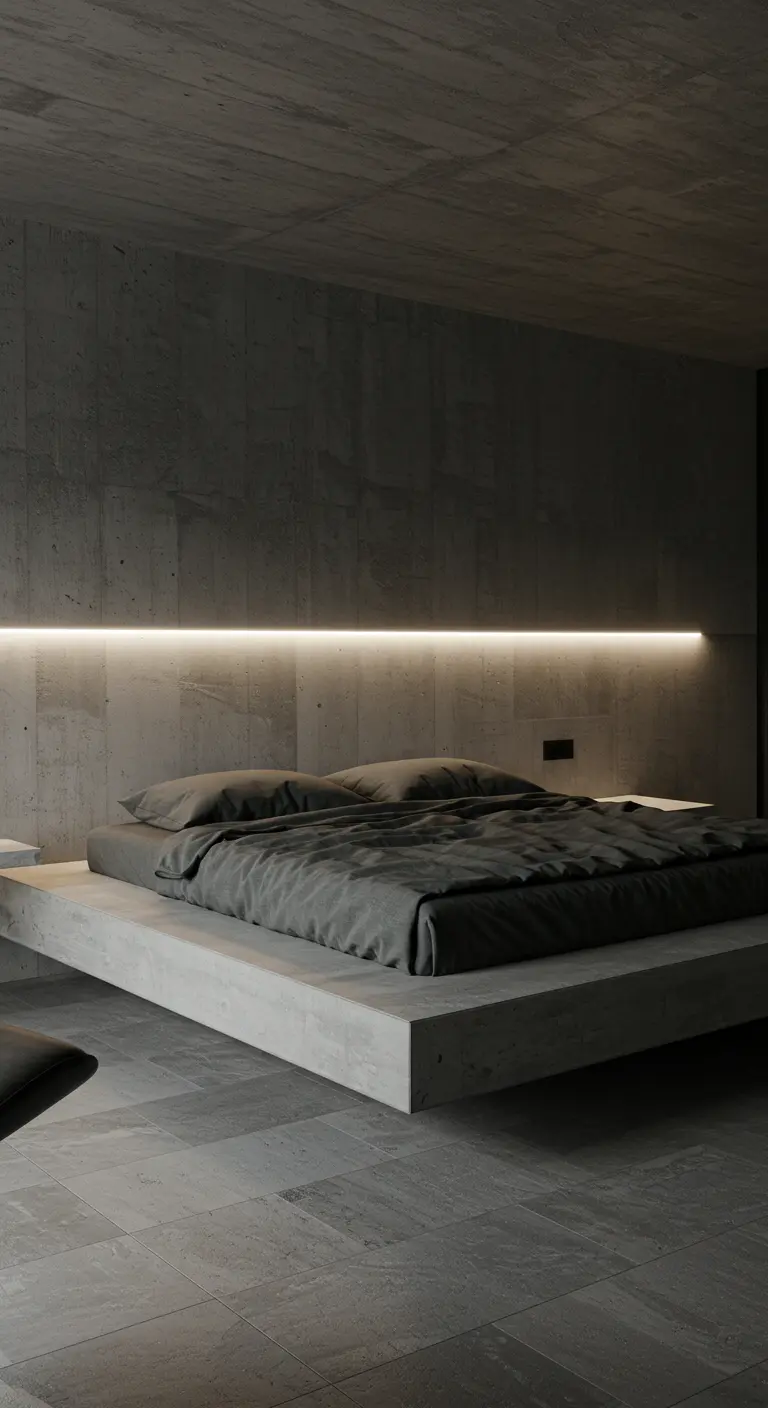 Minimalist concrete bedroom with a long LED light strip above a floating bed.