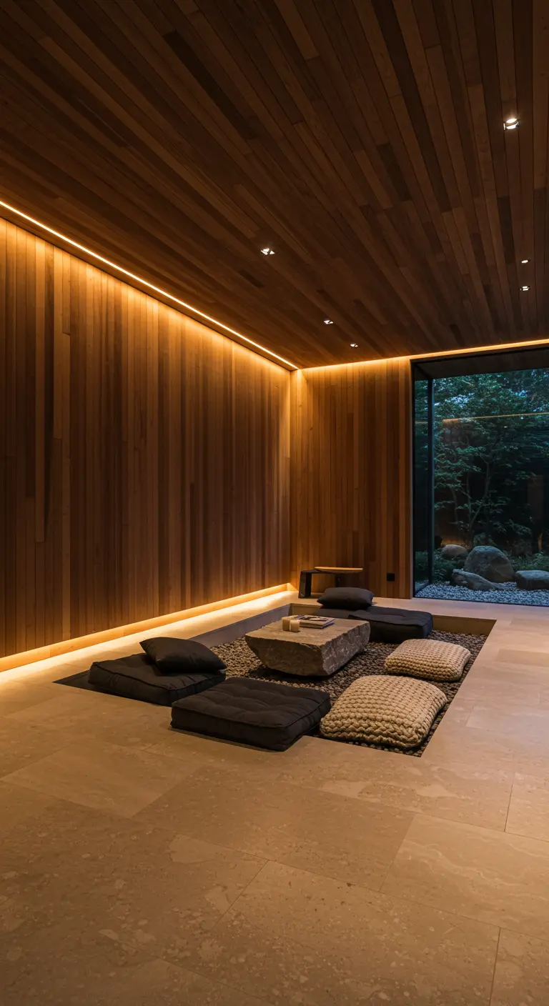 A minimalist sitting area with wood-paneled walls illuminated by warm cove lighting.