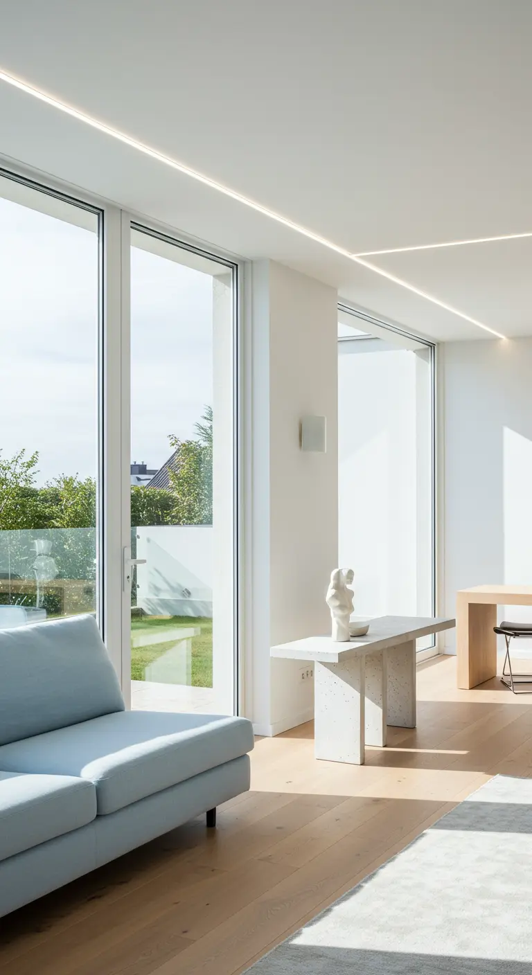 A bright, airy living room with linear ceiling lights and large glass doors leading outside.