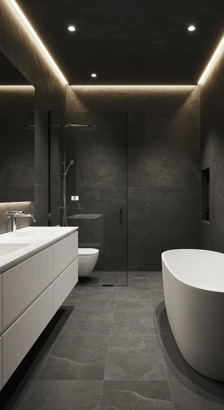 Dark gray minimalist bathroom with warm cove lighting washing down the textured walls.