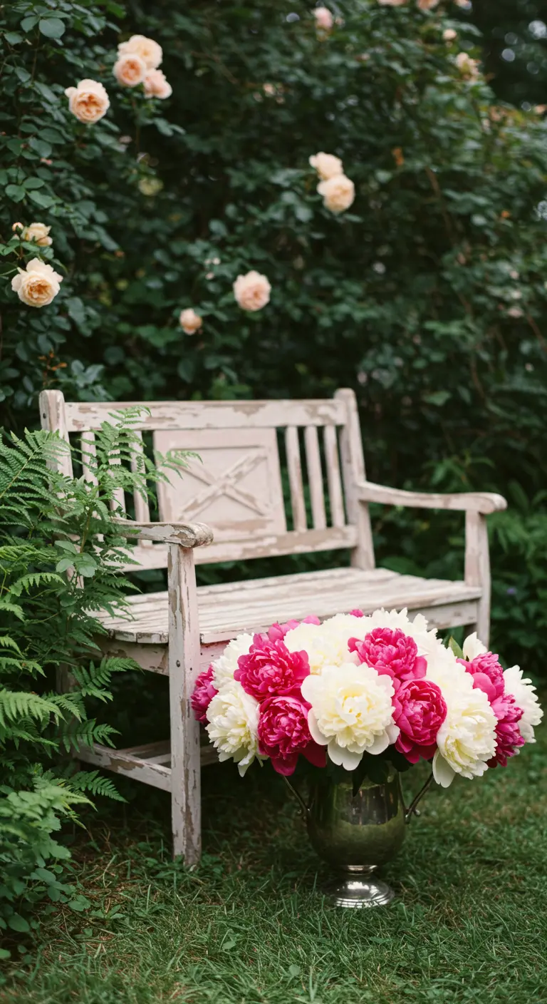 A whitewashed bench in a lush garden, with a large bouquet of pink and white peonies.
