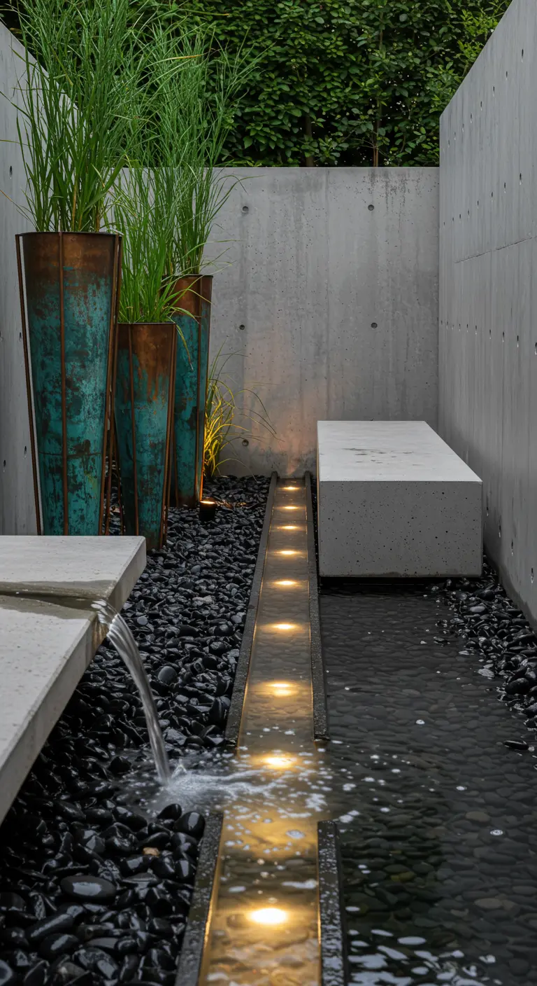 A narrow water feature with lights, flanked by tall verdigris planters and a concrete bench.