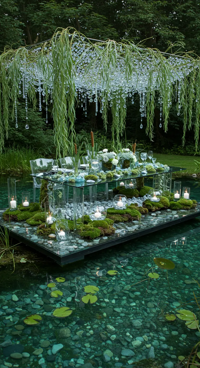 Glass table on a pond with a willow and crystal chandelier.
