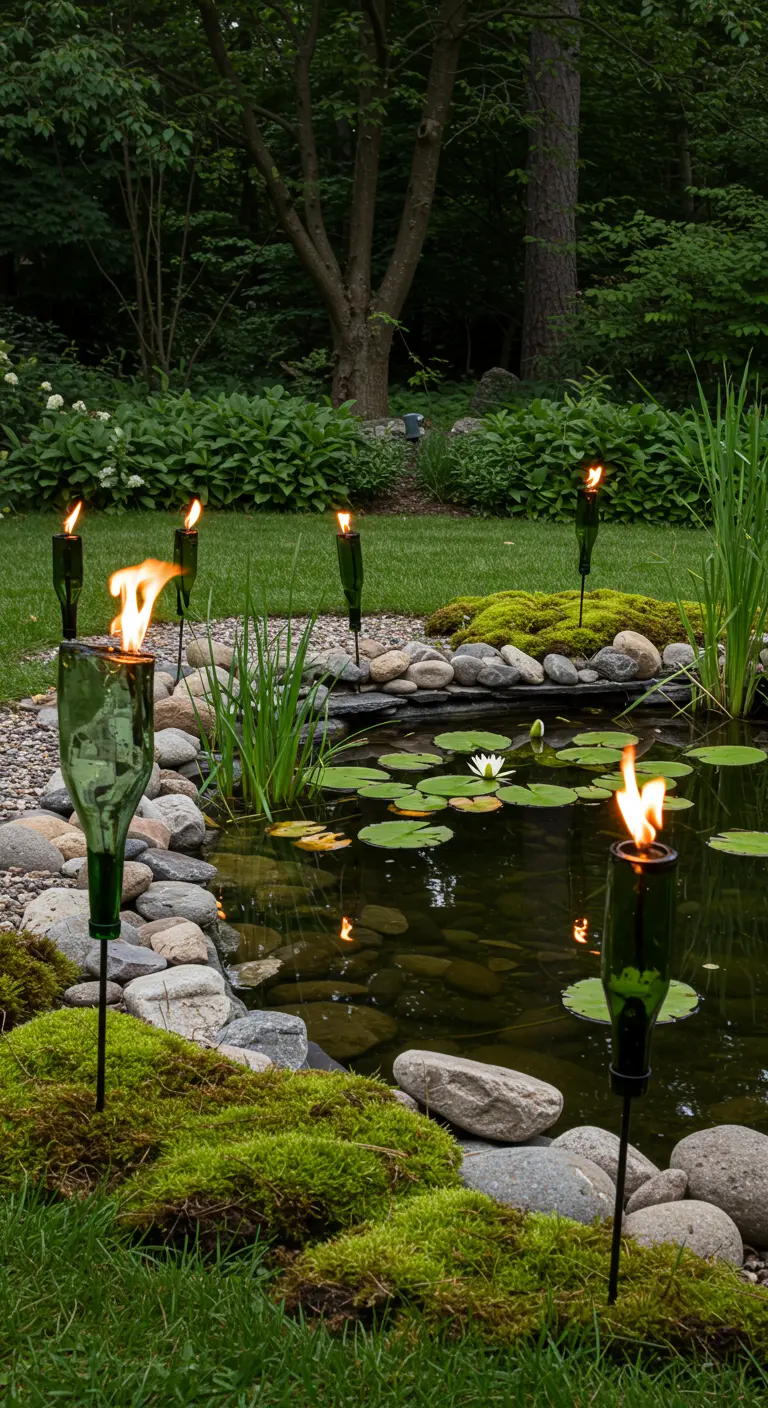 A small garden pond with water lilies, surrounded by green wine bottle torches on stakes.